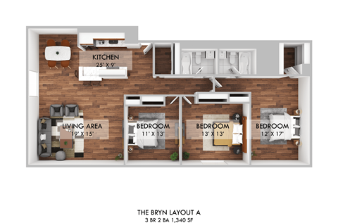 Floor plan for 3 beds, 2 baths, 1340 sqft